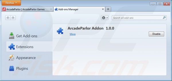 Remova ArcadeParlor das extensões do Mozilla Firefox passo 2