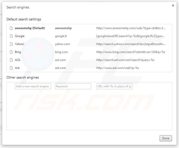 Remover awesomehp.com das definições do motor de busca padrão do Google Chrome