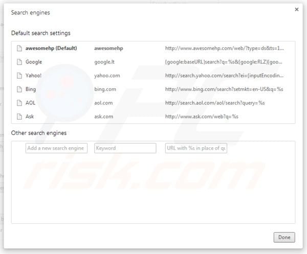 Remover awesomehp.com das definições do motor de busca padrão do Google Chrome
