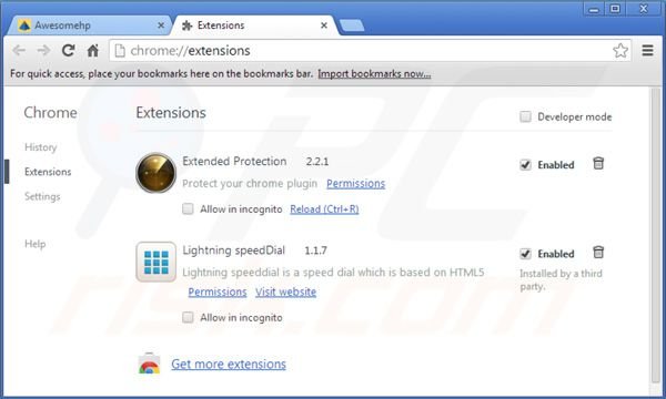 Remover awesomehp.com das extensões do Google Chrome