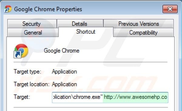 Remover o vírus Awesomehp.com do atalho do Google Chrome passo 2