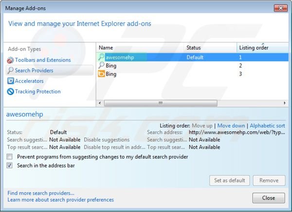 Remover o vírus Awesomehp.com das definições do motor de busca padrão do Internet Explorer