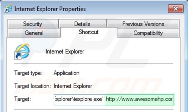 Remover o vírus Awesomehp.com do atalho do Internet Explorer passo 2