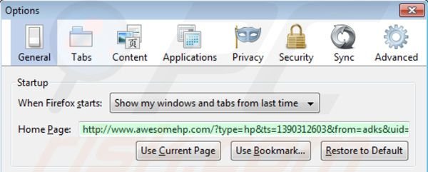 Remover awesomehp.com da página inicial do Mozilla Firefox