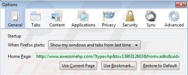 Remover awesomehp.com da página inicial do Mozilla Firefox