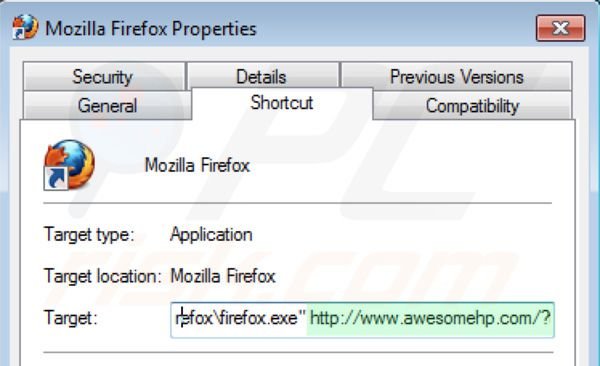 Remover awesomehp.com do atalho do Mozilla Firefox passo 2