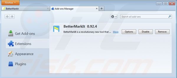 Remova BetterMarkit das extensões do Mozilla Firefox passo 2