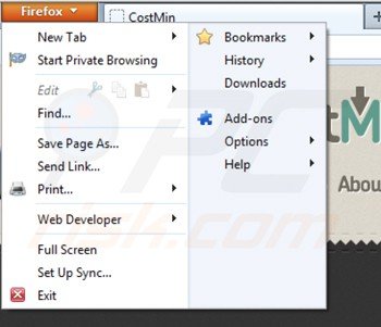 Remova CostMin das extensões do Mozilla Firefox passo 1