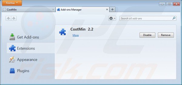 Remova CostMin das extensões do Mozilla Firefox passo 2