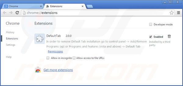 Remover o vírus DefaultTab das extensões do Google Chrome