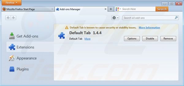 Remover o vírus DefaultTab das extensões do Mozilla FireFox