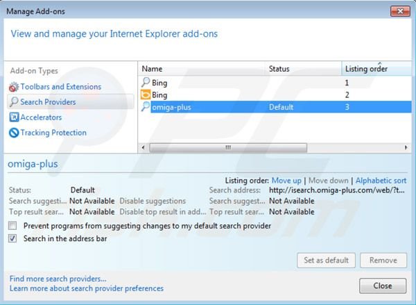 Remover o vírus de redirecionamento Inspsearch.com das configurações do motor de busca padrão do Internet Explorer