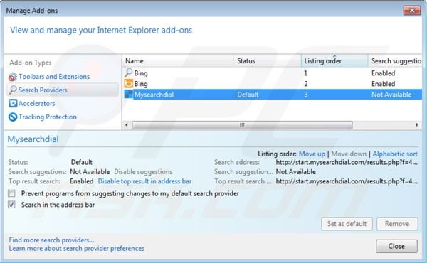 Remover start.mysearchdial.com das configurações do motor de busca padrão do Internet Explorer