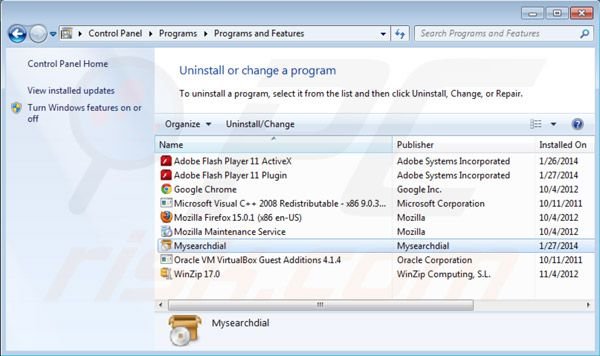 Remoção do vírus MySearchDial através do Painel de Controlo