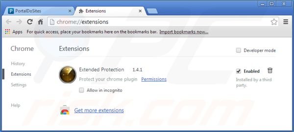 Remover portaldosites.com das extensões relacionadas ao Google Chrome
