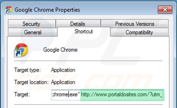 Remover portaldosites.com do atalho do ambiente de trabalho do Google Chrome passo 2