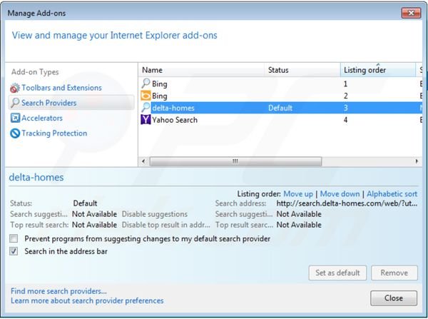Remover portaldosites.com das configuração do motor de busca padrão do Internet Explorer