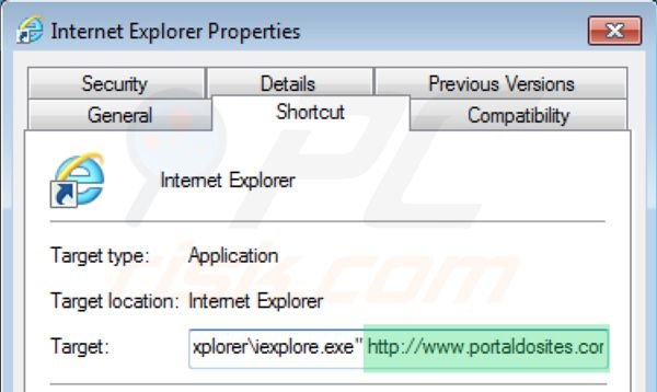 Remover o vírus Portaldosites.com do atalho do Internet Explorer passo 2