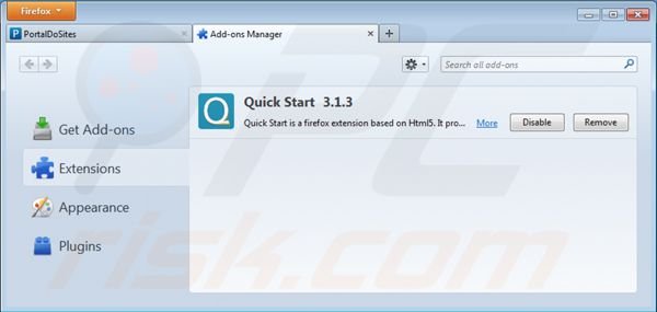Remover portaldosites.com das extensões relacionadas a Mozilla Firefox