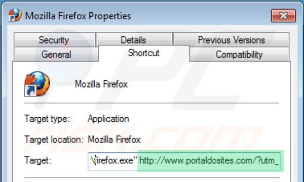 Remover portaldosites.com do atalho do ambiente de trabalho do Mozilla Firefox passo 2