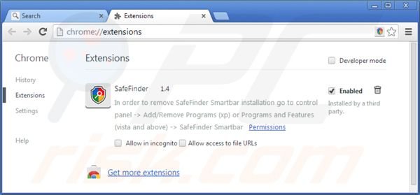 Remover isearch.safefinder.net das extensões do Google Chrome