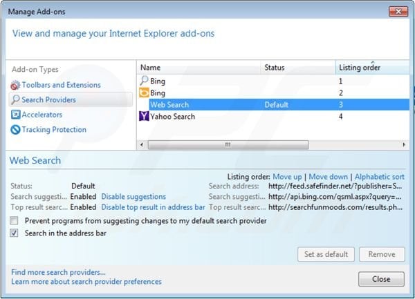 Remover isearch.safefinder.net das configurações do motor de busca padrão do Internet Explorer