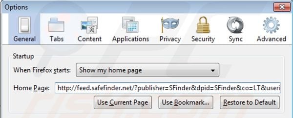 Remover isearch.safefinder.net da página inicial do Mozilla FireFox