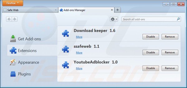 Remova SafeWeb App do Mozilla Firefox passo 2