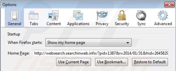 Remover Websearch.searchinweb.info da página inicial do Mozilla Firefox