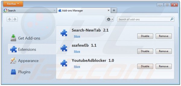 Remova a página inicial de websearch.searchsun.info das extensões relacionadas com o Mozilla Firefox: