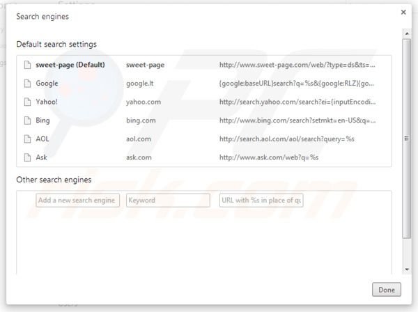 Removing sweet-page.com from Google Chrome default search engine settings