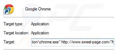 Remover o vírus Sweet-page.com do atalho do Google Chrome passo 2