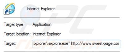Remover o vírus Sweet-page.com do atalho do Internet Explorer passo 2