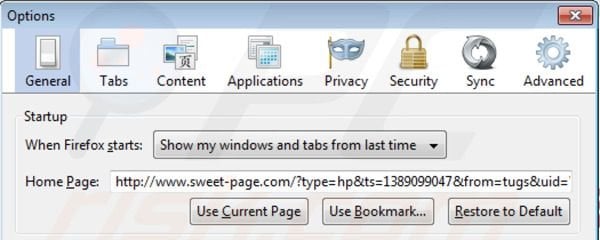 Remover sweet-page.com da página inicial do Mozilla Firefox 
