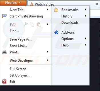 Remover o vírus VLC app das extensões do Mozilla Firefox passo 1