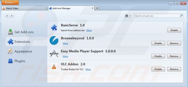 Remover o vírus VLC app das extensões do Mozilla Firefox passo 2