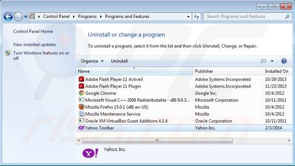 Remoção da barra de ferramentas Yahoo através do Painel de Controlo