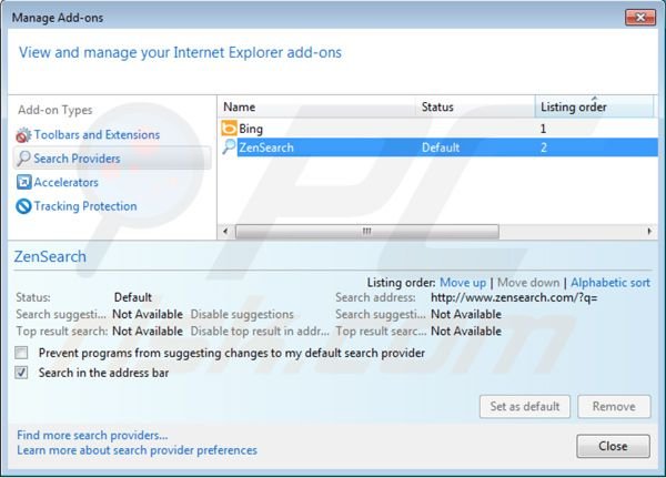 Remover ZenSearch.com das configurações do motor de busca padrão do Internet Explorer