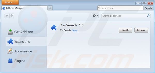 Remover ZenSearch.com das extensões do Mozilla FireFox