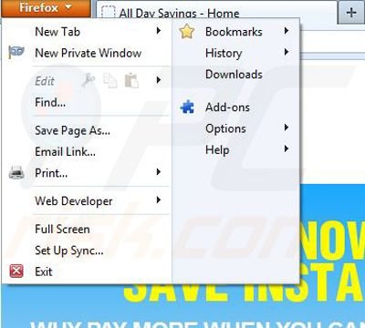 Remova os anúncios All Day Savings do Mozilla Firefox passo 1