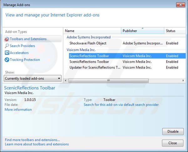Remova a barra de ferramentas Scenic Reflections das extensões do Internet Explorer