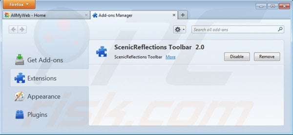 Remova ScenicReflections toolbar das extensões do Mozilla Firefox