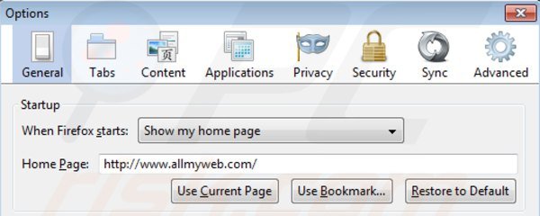 Remover allmyweb.com da página inicial do Mozilla Firefox