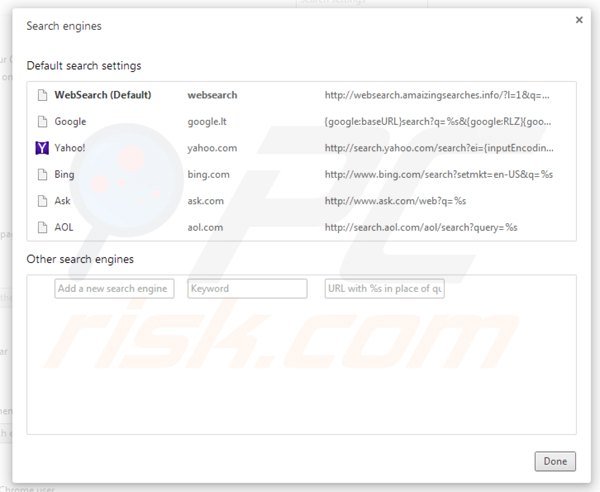 Remover websearch.amaizingsearches.info do motor de busca padrão do Google Chrome