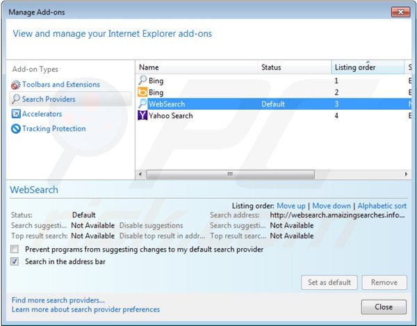 Remover websearch.amaizingsearches.info do motor de busca padrão do Internet Explorer