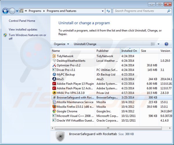 desinstalar browsersafeguard via Painel de Controlo