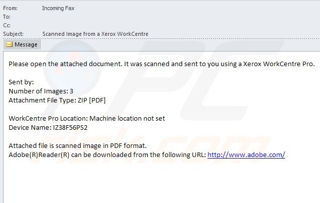 Screenshot de uma mensagem de e-mail infectada, usada na distribuição em CryptoDefense