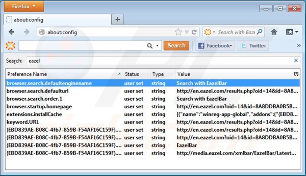 Remova eazel.com das configurações do motor de busca padrão do Mozilla Firefox