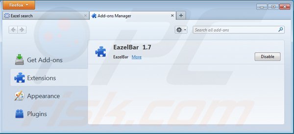 Remova a barra de ferramentas de Eazel.com das extensões do Mozilla Firefox