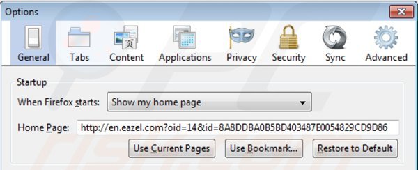 Remova eazel.com da página inicial do Mozilla Firefox